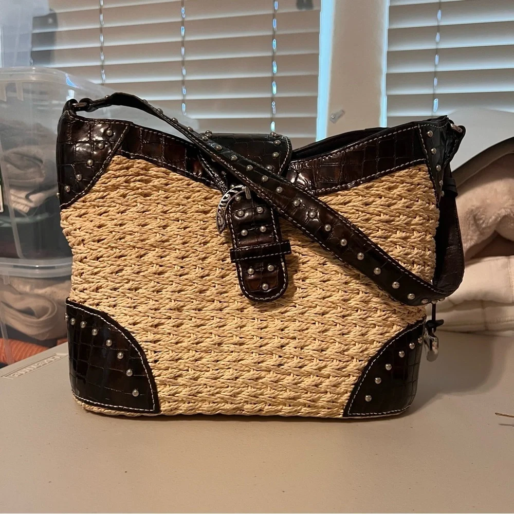 Brighton Raffia and Croc Embossed Studded Shoulder Bag